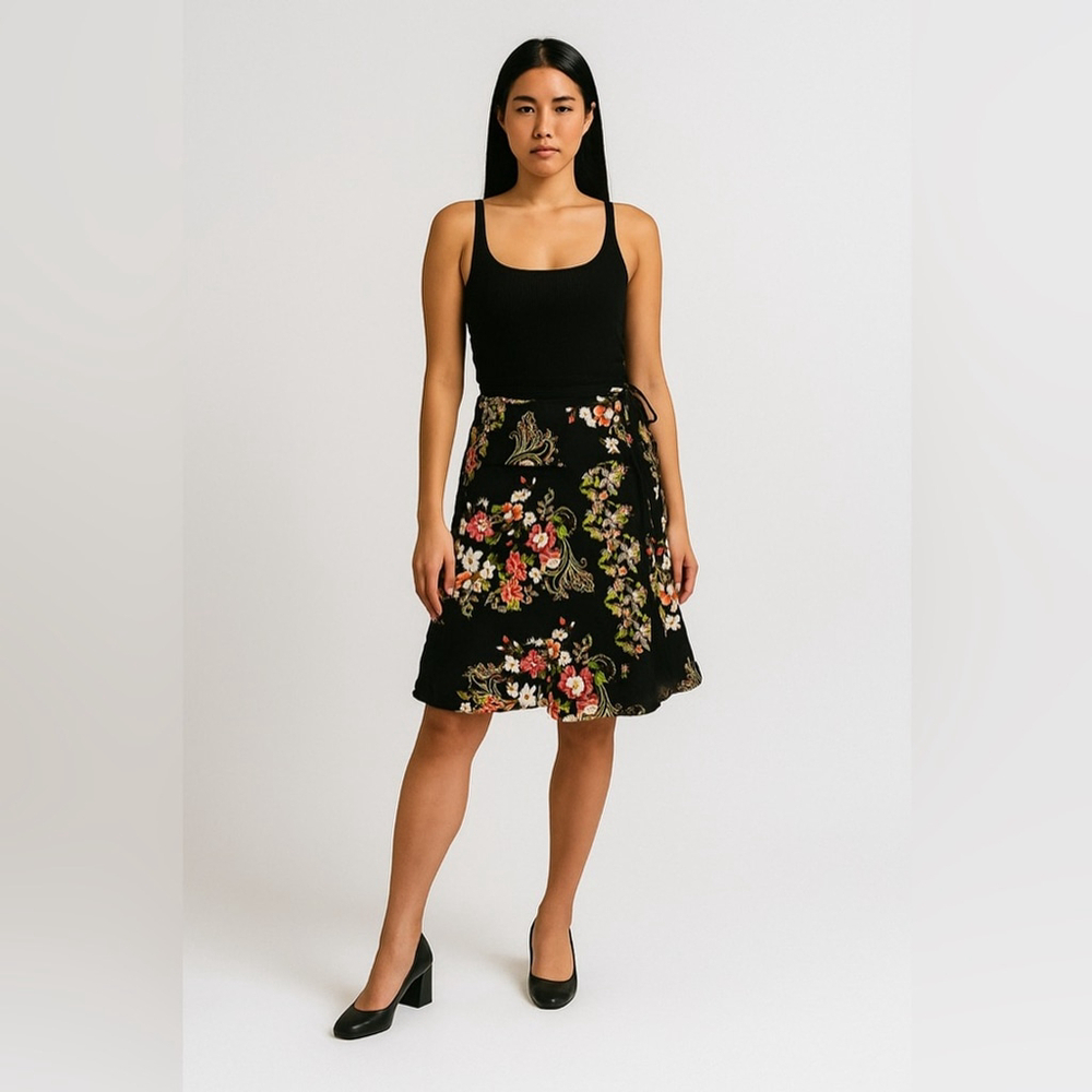 Floral Black Skirt A-Line wrap Swing Fashion Casual Mid-Length